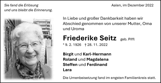 Traueranzeige von Friederike Seitz von Schwäbische Post