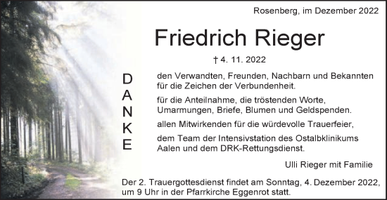 Traueranzeige von Friedrich Rieger