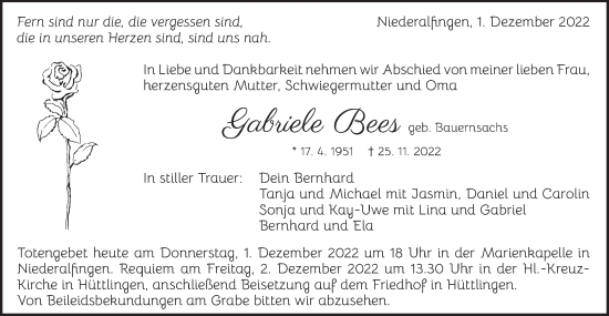 Traueranzeige von Gabriele Bees von Schwäbische Post