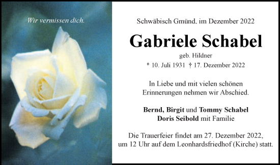 Traueranzeige von Gabriele Schabel von Gmünder Tagespost
