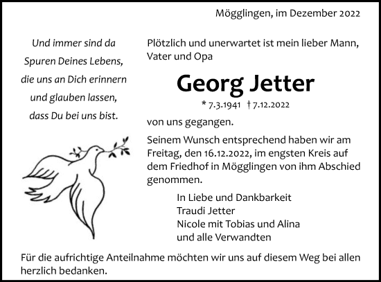 Traueranzeige von Georg Jetter von Gmünder Tagespost