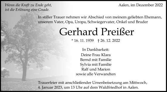 Traueranzeige von Gerhard Preißer von Schwäbische Post