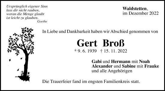 Traueranzeige von Gert Broß von Gmünder Tagespost