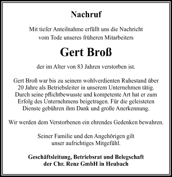 Traueranzeige von Gert Broß von Gmünder Tagespost