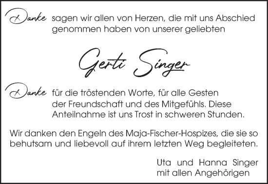 Traueranzeige von Gerti Singer von Schwäbische Post