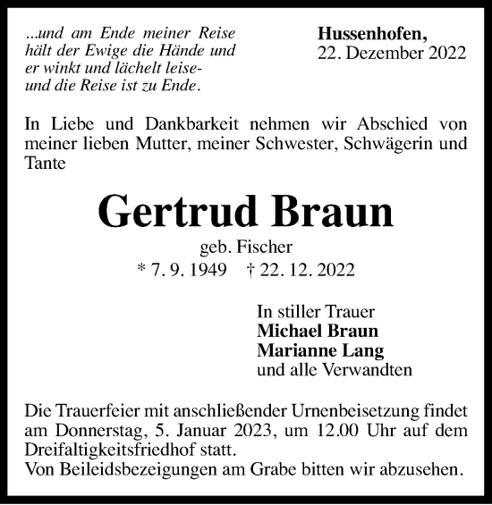 Traueranzeige von Gertrud Braun von Gmünder Tagespost