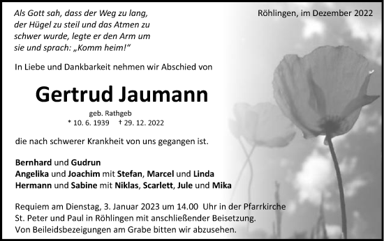 Traueranzeige von Gertrud Jaumann  von Schwäbische Post