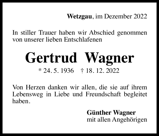 Traueranzeige von Gertrud Wagner von Gmünder Tagespost