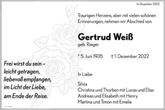 Traueranzeige von Gertrud Weiß von Schwäbische Post