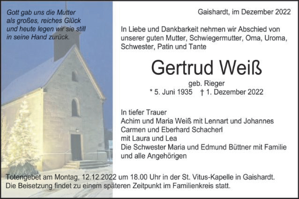  Traueranzeige für Gertrud Weiß vom 09.12.2022 aus Schwäbische Post