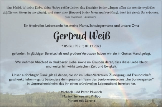Traueranzeige von Gertrud Weiß von Schwäbische Post