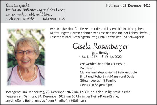 Traueranzeige von Gisela Rosenberger von Schwäbische Post