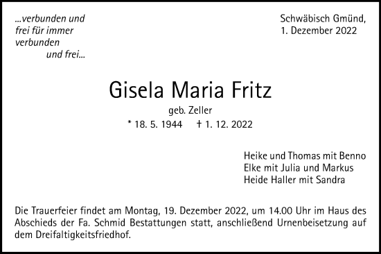 Traueranzeige von Gisela Maria Fritz von Gmünder Tagespost