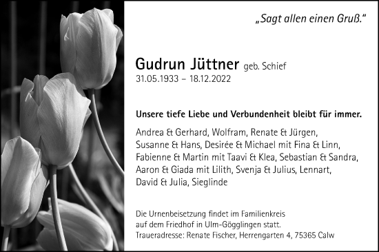 Traueranzeige von Gudrun Jüttner von Schwäbische Post