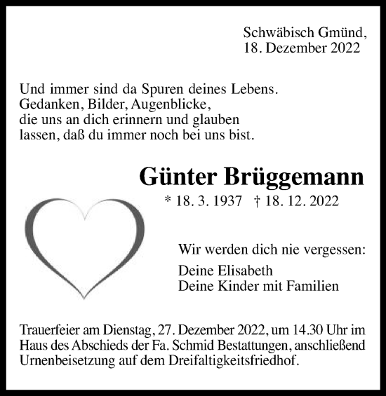Traueranzeige von Günter Brüggemann von Gmünder Tagespost