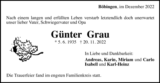 Traueranzeige von Günter Grau von Gmünder Tagespost