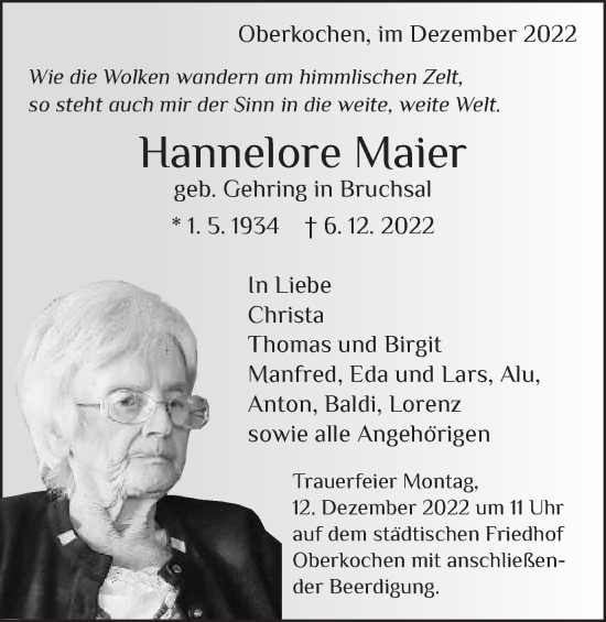 Traueranzeige von Hannelore Maier von Amtsblatt_Oko