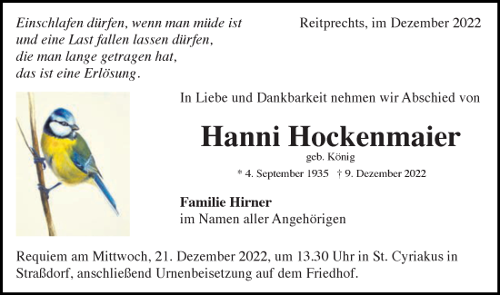 Traueranzeige von Hanni Hockenmaier von Gmünder Tagespost