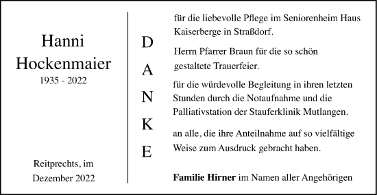 Traueranzeige von Hanni Hockenmaier von Gmünder Tagespost