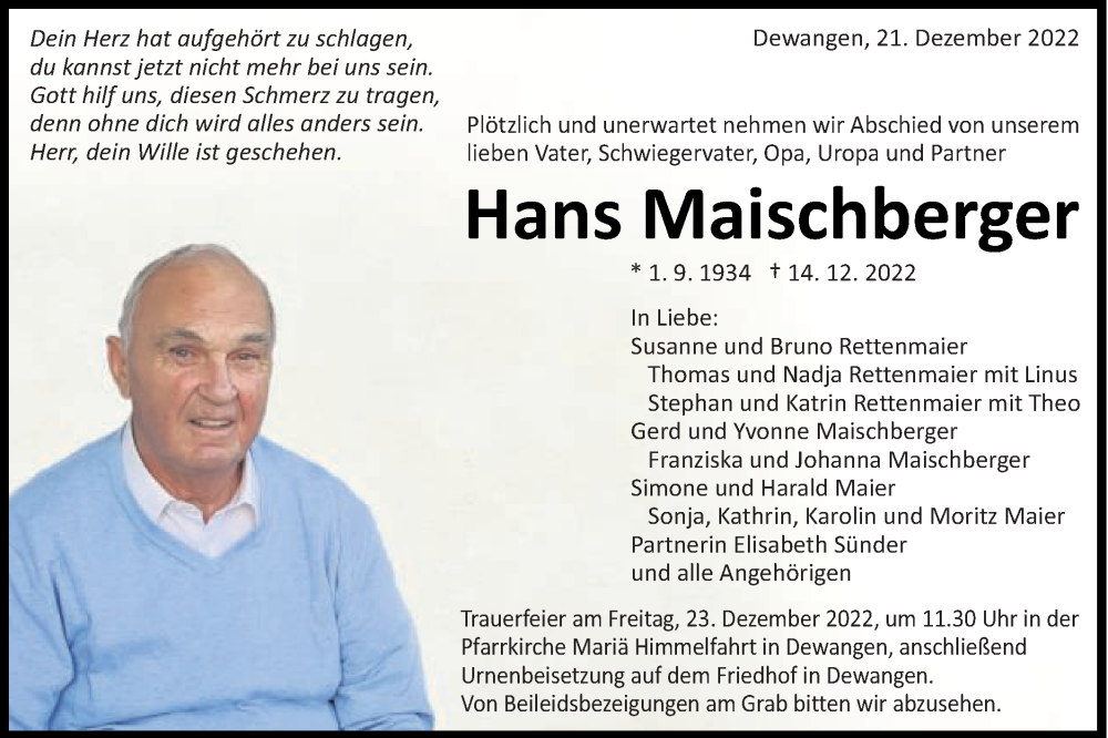  Traueranzeige für Hans Maischberger vom 21.12.2022 aus Schwäbische Post