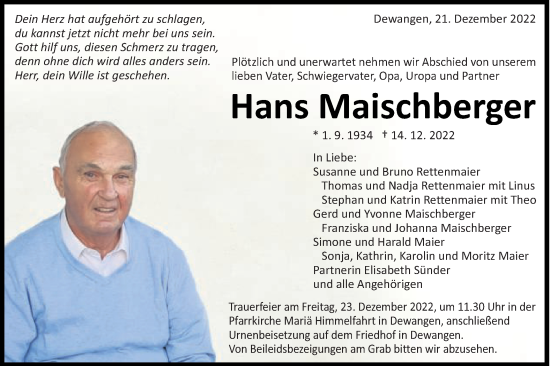 Traueranzeige von Hans Maischberger von Schwäbische Post