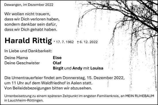 Traueranzeige von Harald Rittig von Schwäbische Post