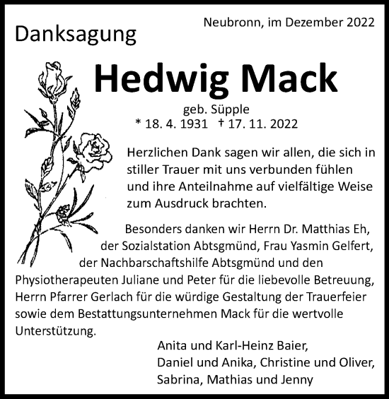Traueranzeige von Hedwig Mack von Kocher-Lein-Bote