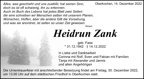 Traueranzeige von Heidrun Zank von Schwäbische Post
