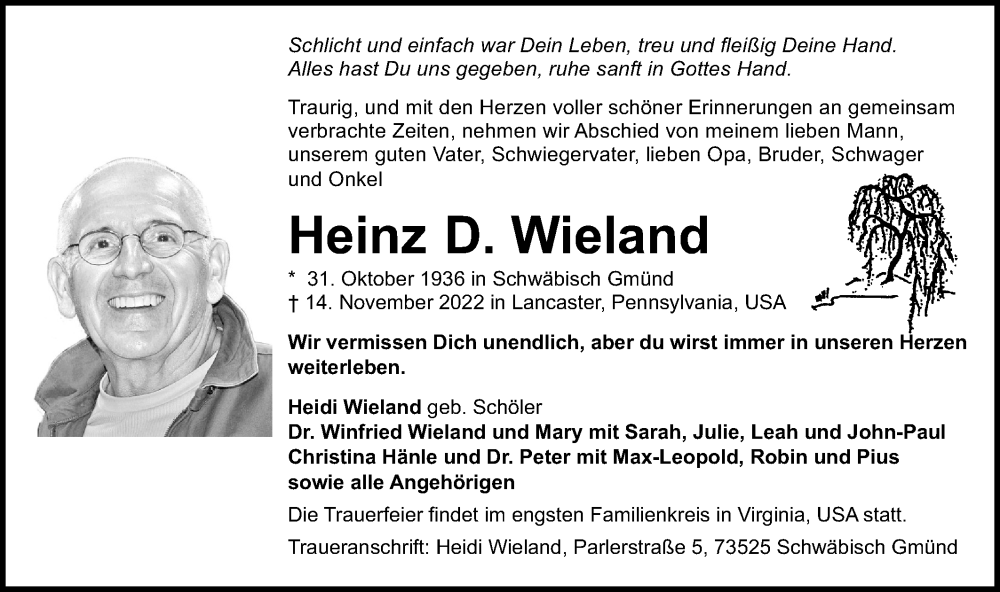  Traueranzeige für Heinz D. Wieland vom 07.12.2022 aus Gmünder Tagespost