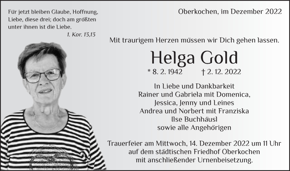  Traueranzeige für Helga Gold vom 09.12.2022 aus Schwäbische Post