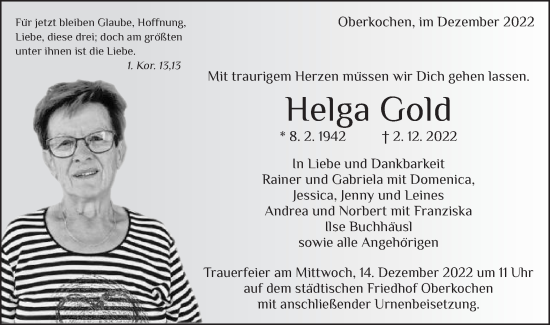 Traueranzeige von Helga Gold von Schwäbische Post