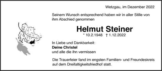 Traueranzeige von Helmut Steiner von Gmünder Tagespost