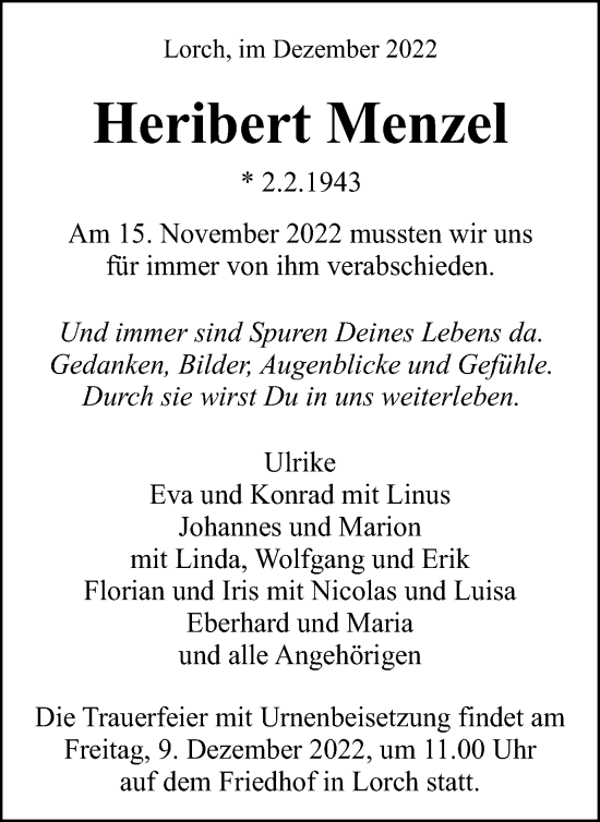 Traueranzeige von Heribert Menzel von Gmünder Tagespost