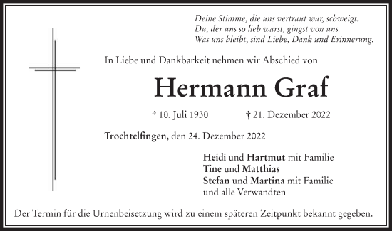 Traueranzeige von Hermann Graf von Schwäbische Post