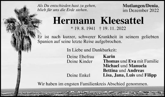 Traueranzeige von Hermann Kleesattel von Gmünder Tagespost