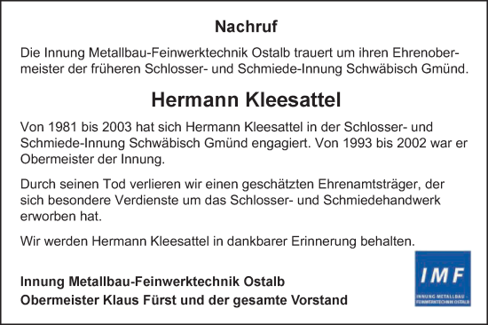 Traueranzeige von Hermann Kleesattel von Gmünder Tagespost