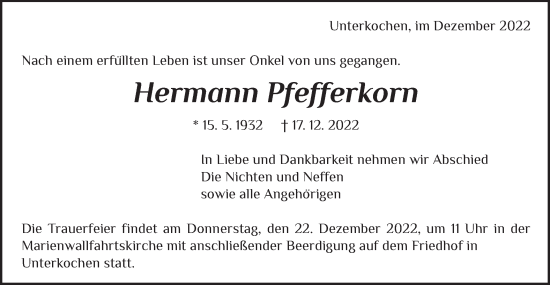 Traueranzeige von Hermann Pfefferkorn von Schwäbische Post