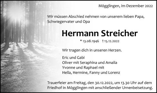 Traueranzeige von Hermann Streicher von Gmünder Tagespost