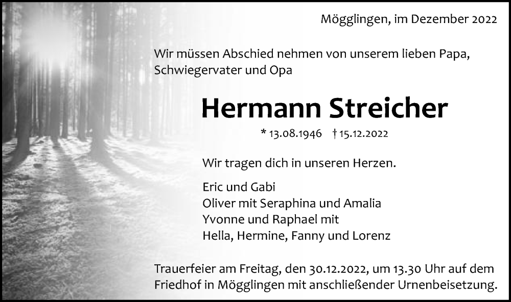  Traueranzeige für Hermann Streicher vom 28.12.2022 aus Gmünder Tagespost