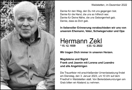 Traueranzeige von Hermann Zekl von Gmünder Tagespost
