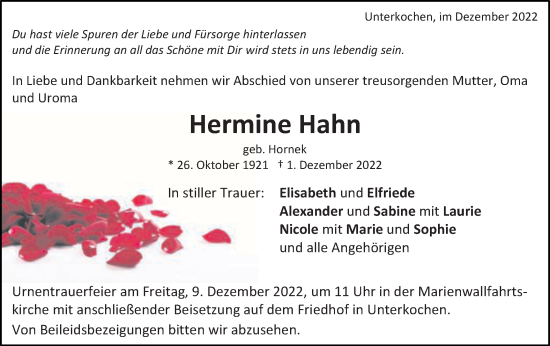 Traueranzeige von Hermine Hahn von Schwäbische Post