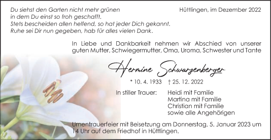 Traueranzeige von Hermine Schwarzenberger von Schwäbische Post