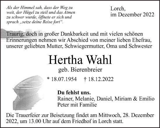 Traueranzeige von Hertha Wahl von Gmünder Tagespost
