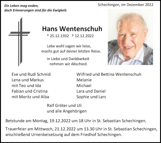 Traueranzeige von HHans Wentenschuh von Gmünder Tagespost