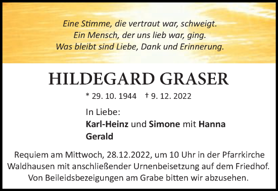Traueranzeige von Hildegard Graser von Schwäbische Post