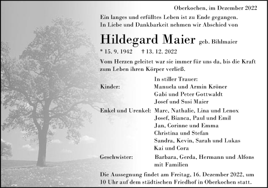 Traueranzeige von Hildegard Maier von Schwäbische Post