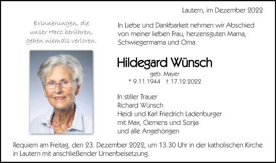 Traueranzeige von Hildegard Wünsch von Schwäbische Post