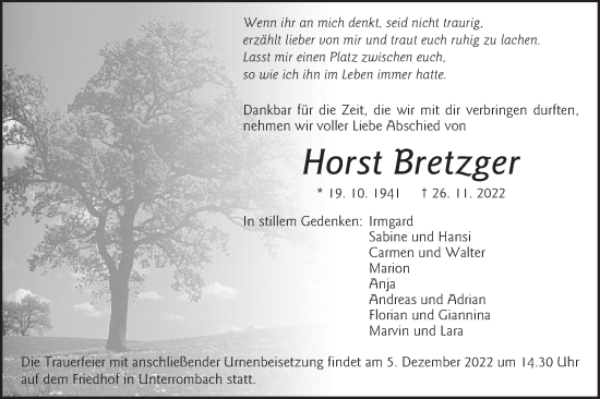 Traueranzeige von Horst Bretzger von Schwäbische Post