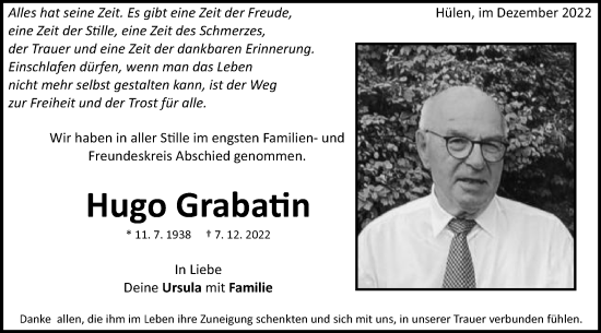 Traueranzeige von Hugo Grabatin von Schwäbische Post