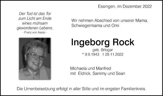 Traueranzeige von Ingeborg Rock von Schwäbische Post